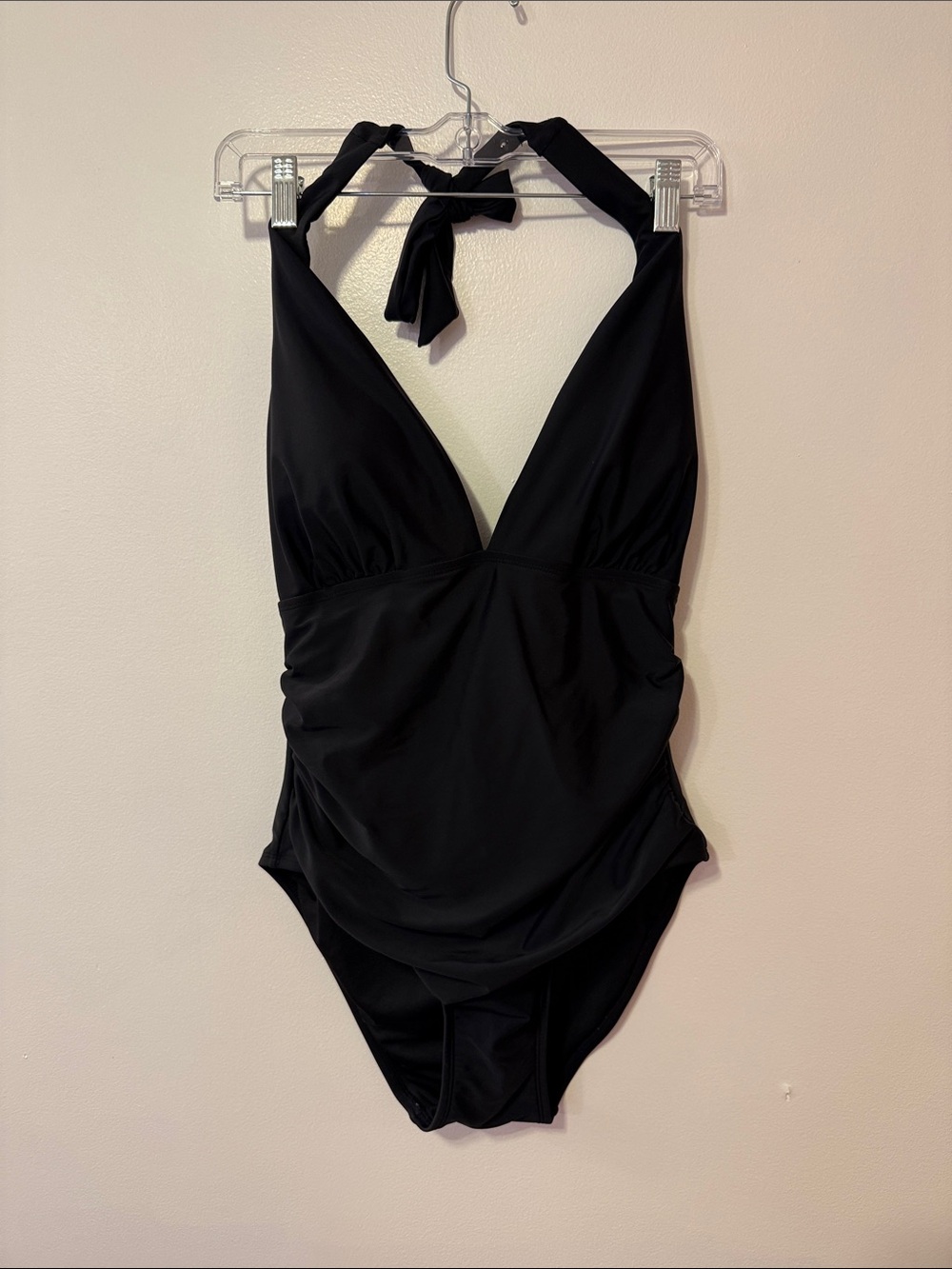 DKNY Black Halter One Piece Swimsuit Ruched Plunge Neck X